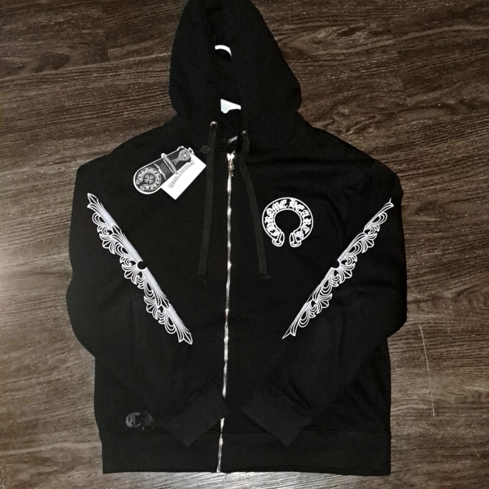 *NEW*Chrome Hearts Horseshoe Floral Cross Sleve Zip Up Hoodie Black and White